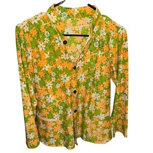 Vintage 70s Floral Button Up Shirt Green Orange Daisy‎ Print Zipper Pockets L